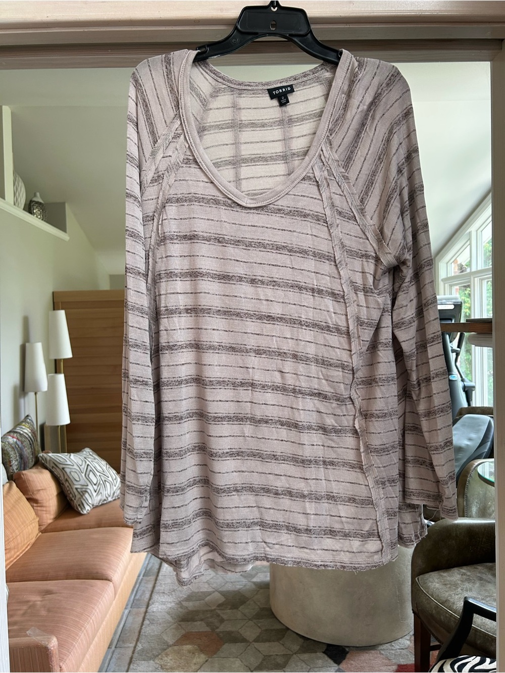 torrid Taupe and Gray Striped Long-Sleeve Scoop Neck Top